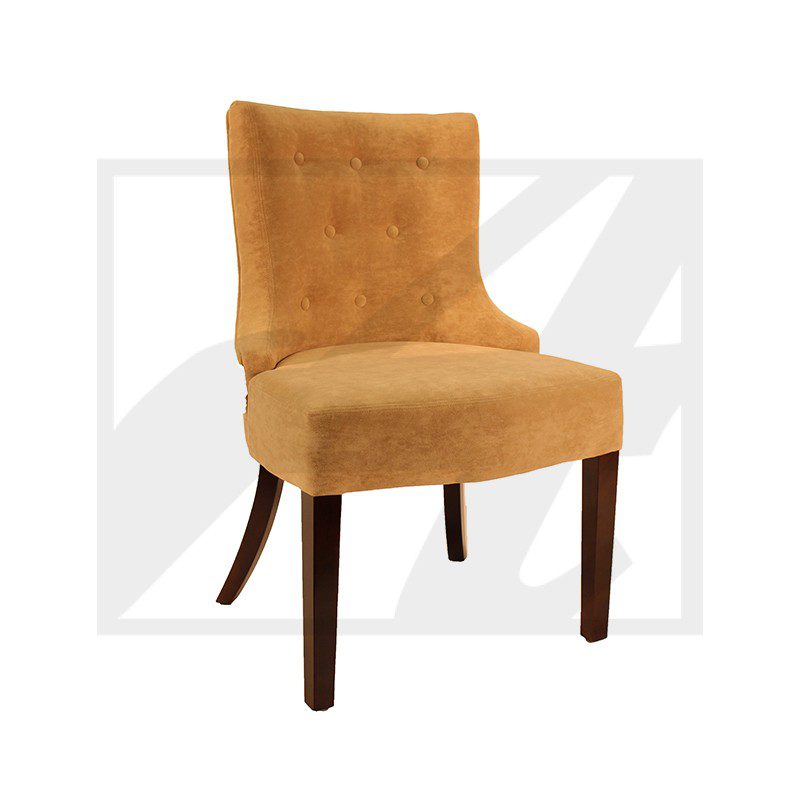 Elegant mustard yellow upholstered chair with dark wooden legs.