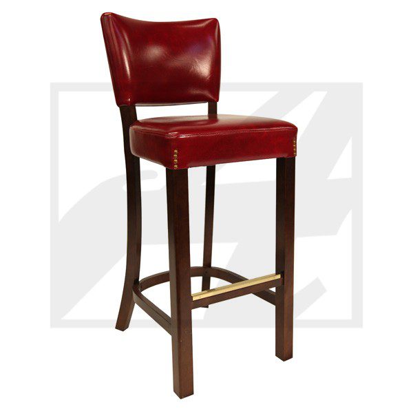 Red leather bar stool with wooden legs and footrest.