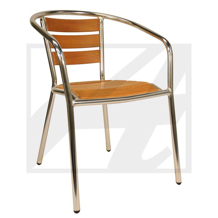 Metal and wood outdoor chair with armrests.
