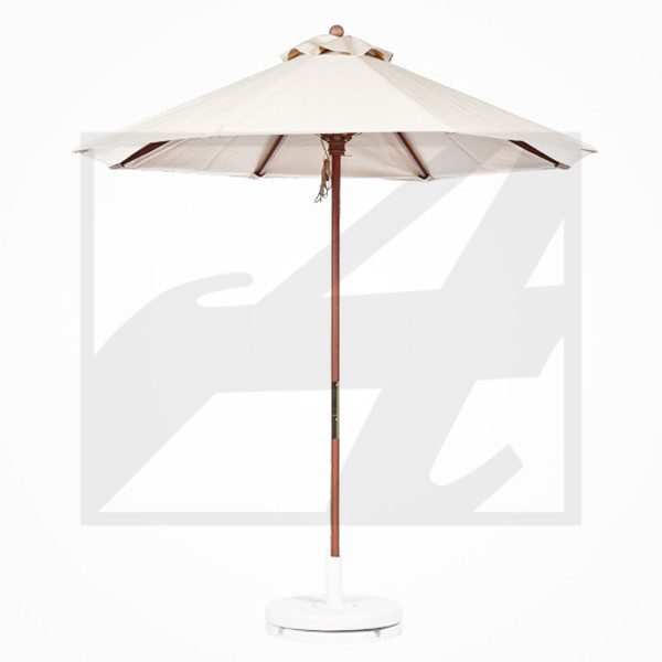 White patio umbrella with wooden pole and base.