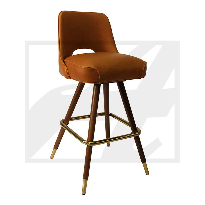 A modern brown upholstered bar stool with wooden legs and brass accents.