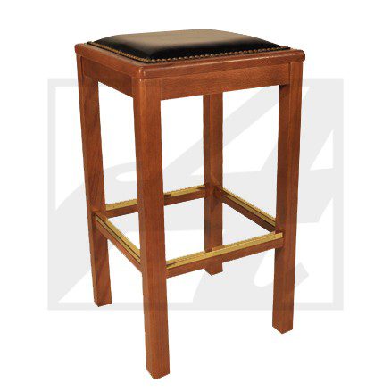 Wooden bar stool with a cushioned black seat.