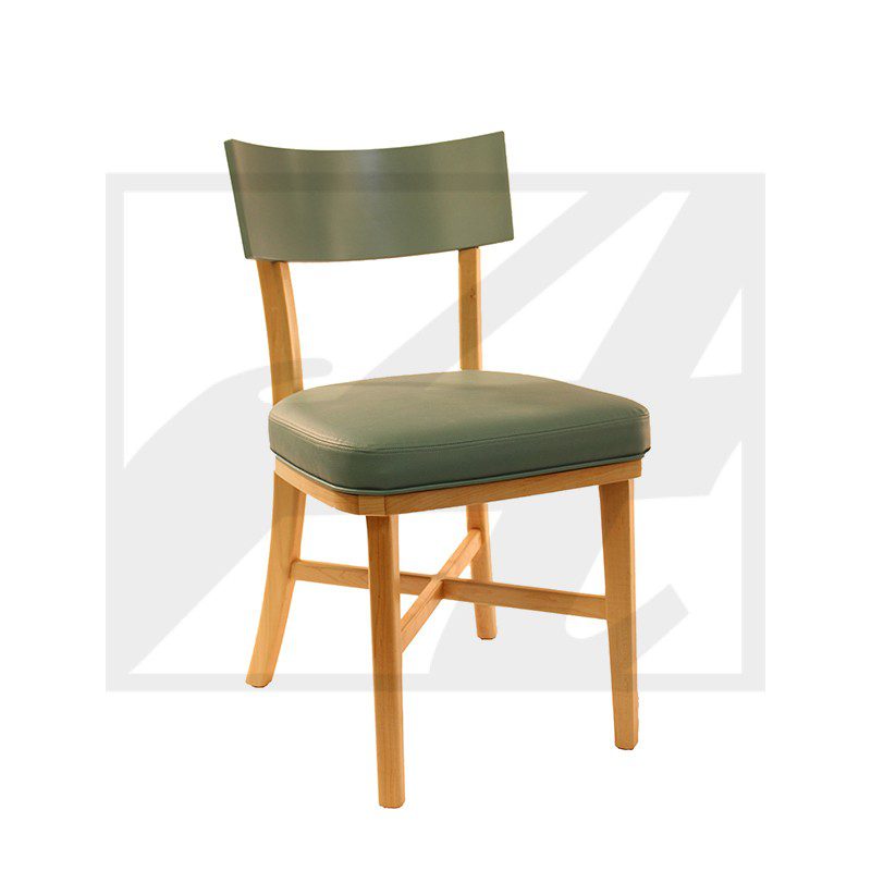 Wooden chair with green cushioned seat and backrest.