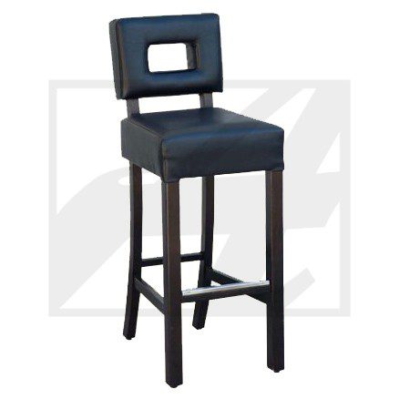 Modern black bar stool with a padded seat and backrest.