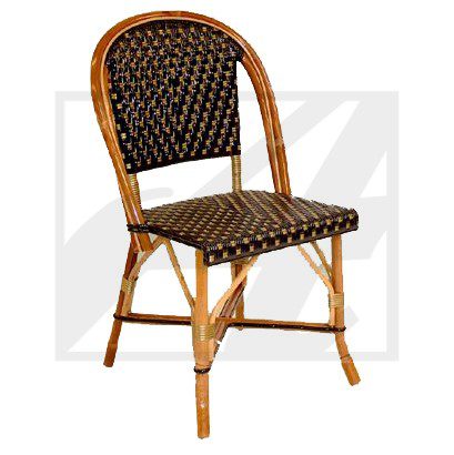 A stylish bamboo and wicker chair with a woven seat and backrest.