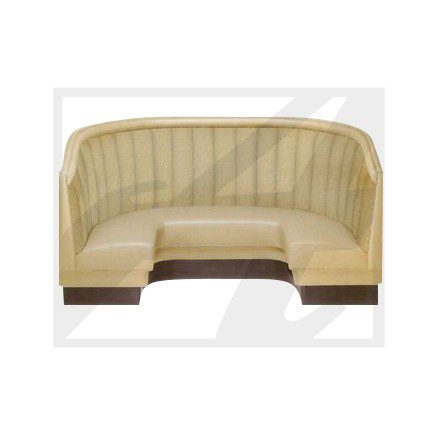 Cream-colored curved booth seating with vertical stitching on the backrest.
