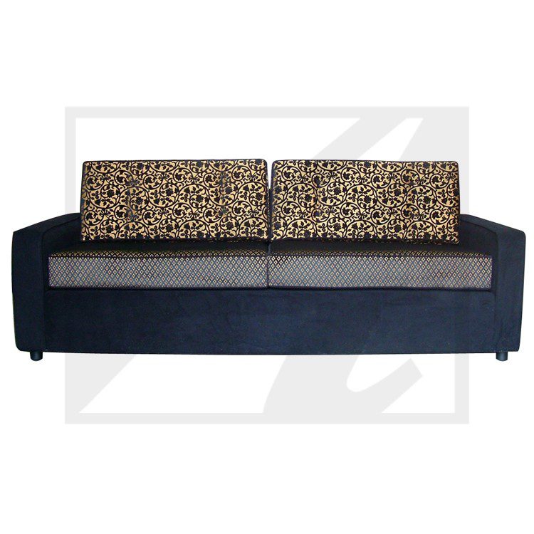 Modern navy blue sofa with leopard print cushions and clean lines.