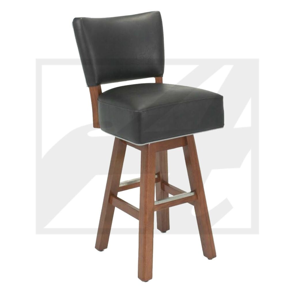 Black cushioned bar stool with wooden legs and backrest.