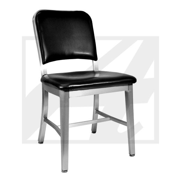 A classic black leather chair with wooden legs.