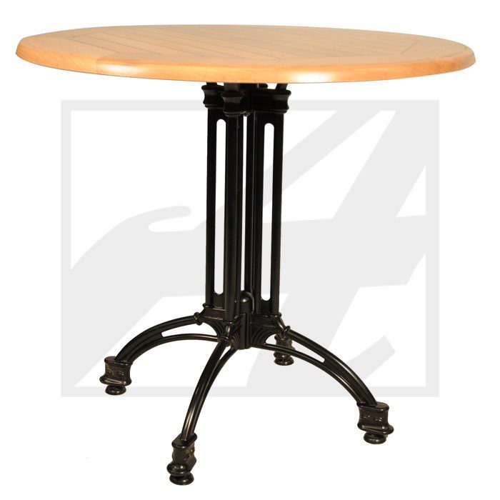 Round wooden table with black metal base and three legs.