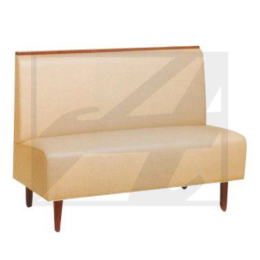 Beige upholstered bench with wooden legs.