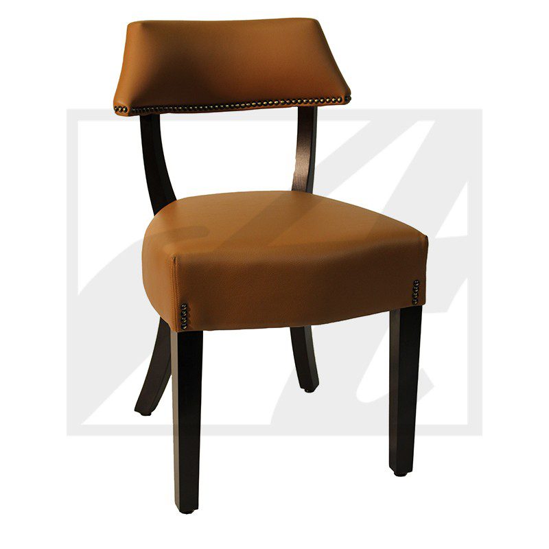 Modern brown upholstered chair with black wooden legs and backrest support.