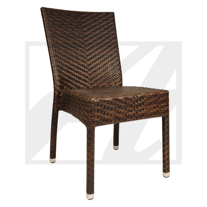 A brown woven rattan chair with a high backrest.