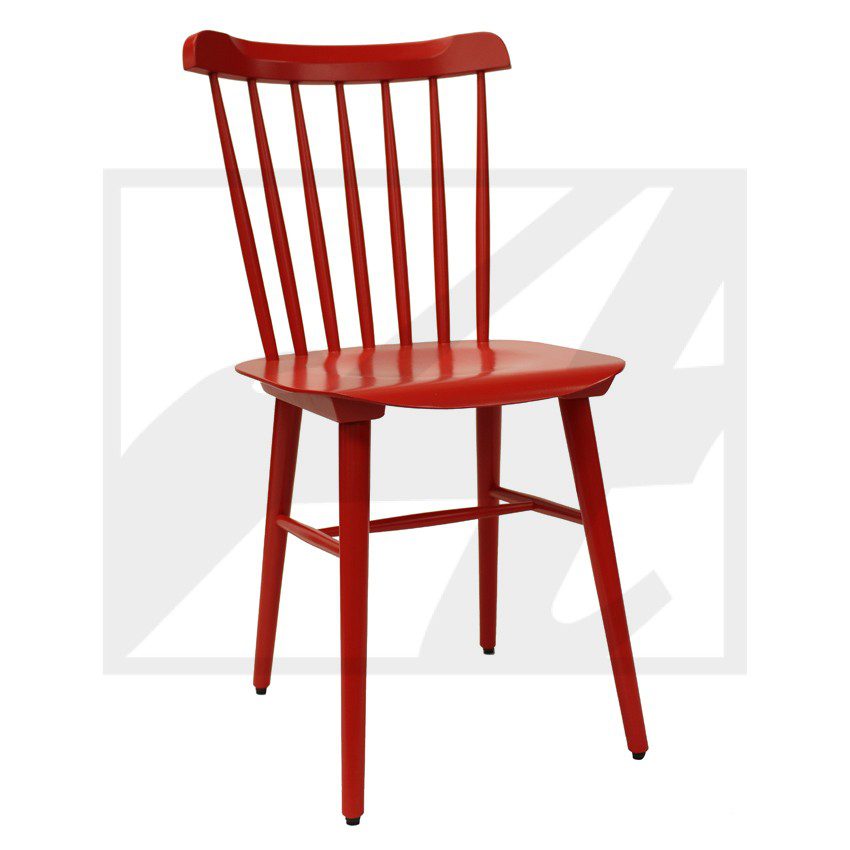 A classic red wooden chair with vertical slats on the backrest.