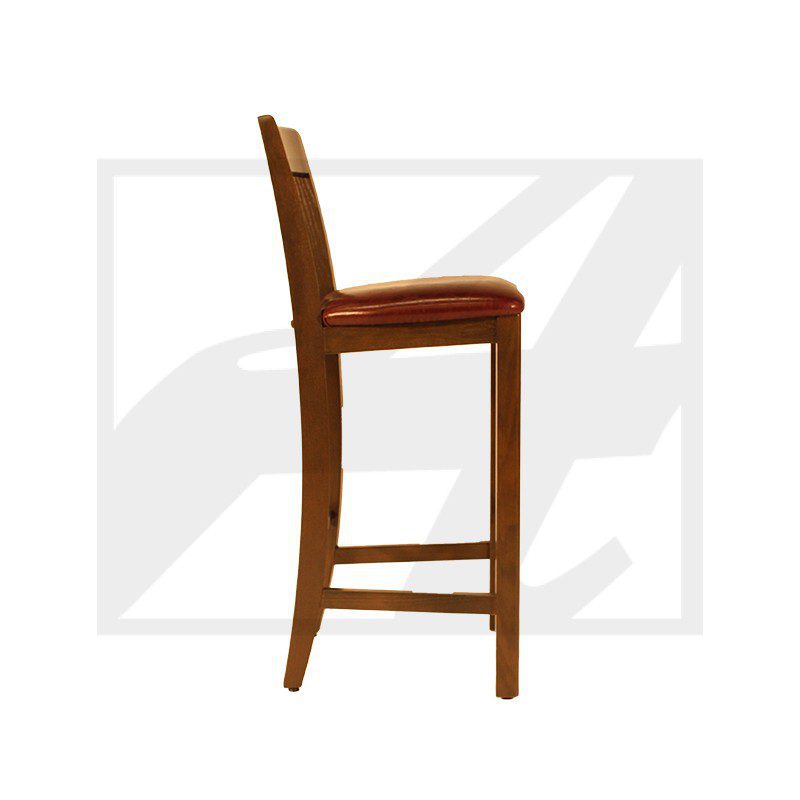 Side view of a wooden bar stool with brown leather seat and backrest.