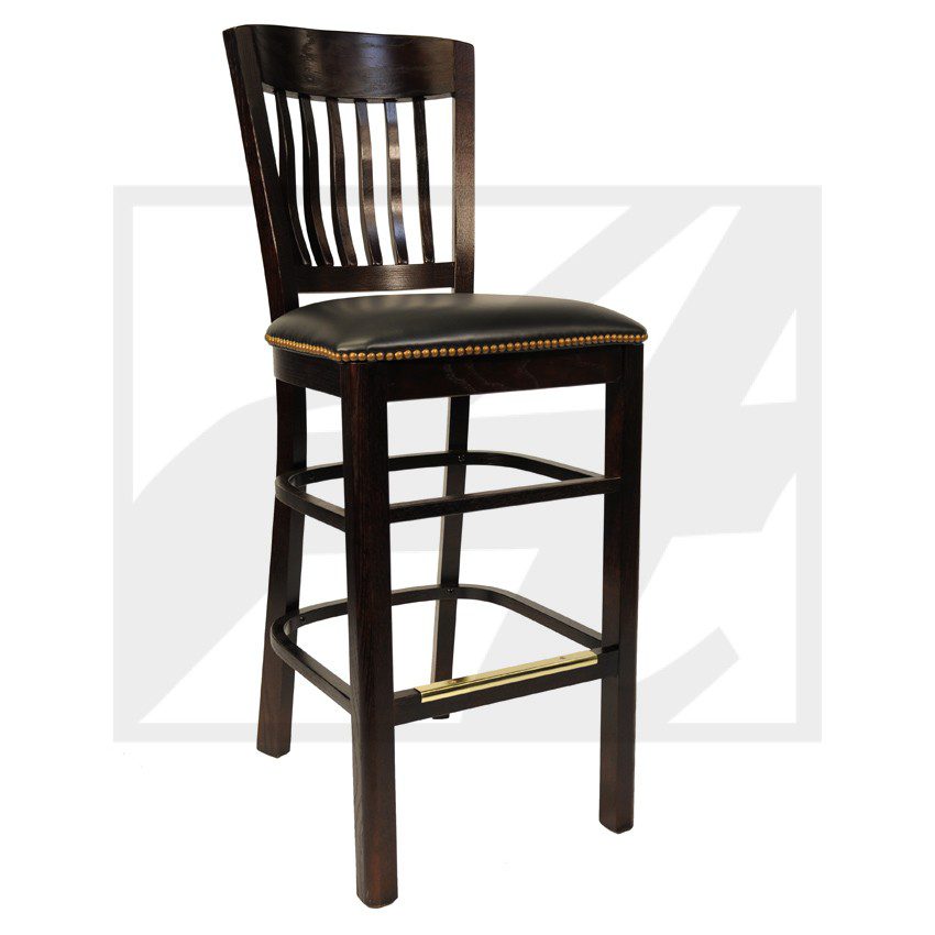 Dark wooden bar stool with a classic slatted backrest.