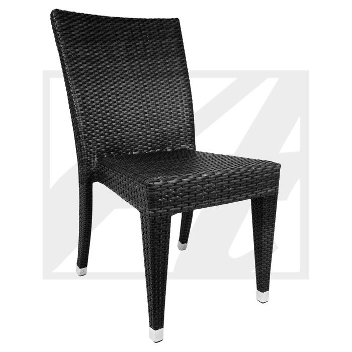 Black woven plastic chair with a simple design and metal-legged feet.