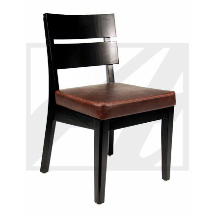Black wooden chair with a cushioned brown seat.