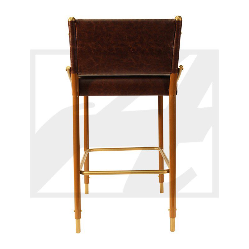 Modern wooden bar stool with a dark cushioned seat and backrest.