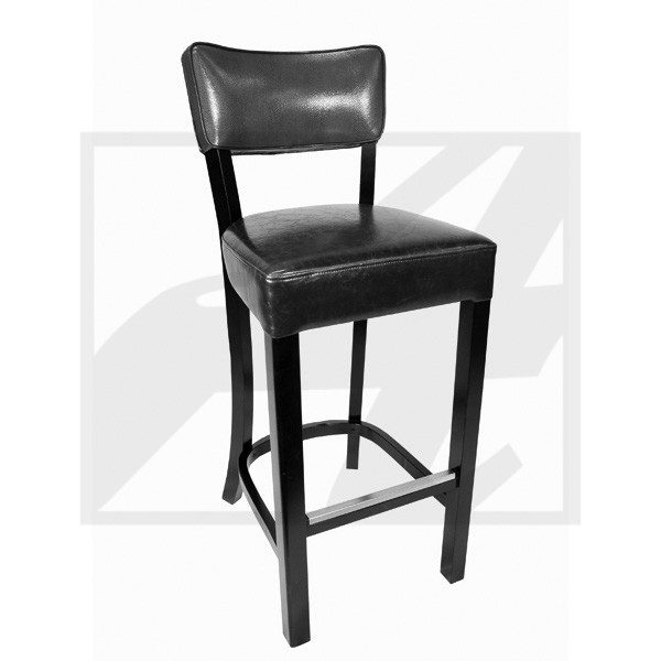 Black leather bar stool with cushioned seat and backrest.