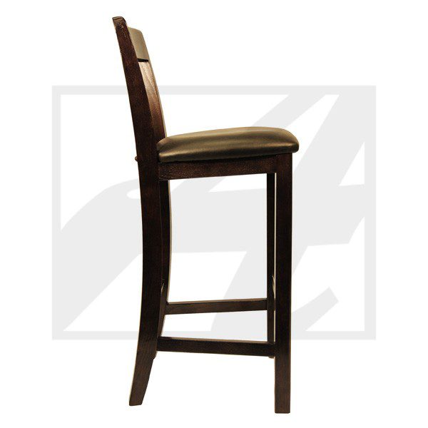 Elegant wooden bar stool with cushioned seat and backrest.