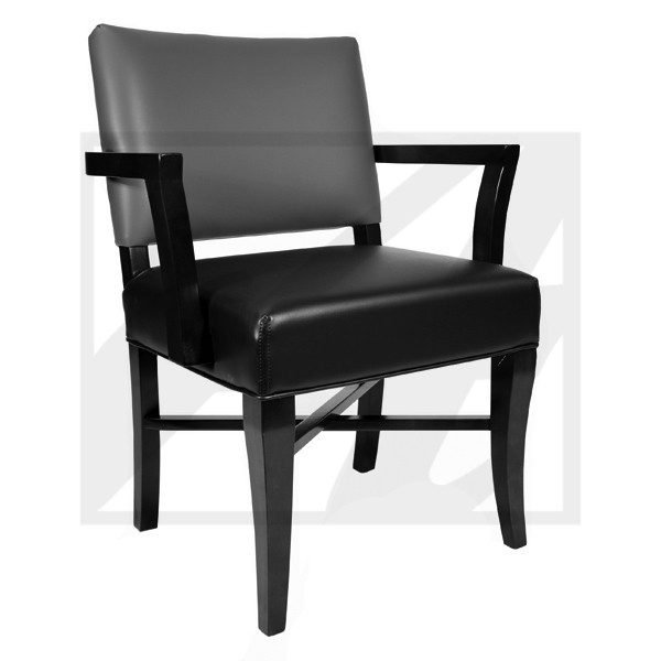 Black wooden armchair with cushioned seat and backrest.