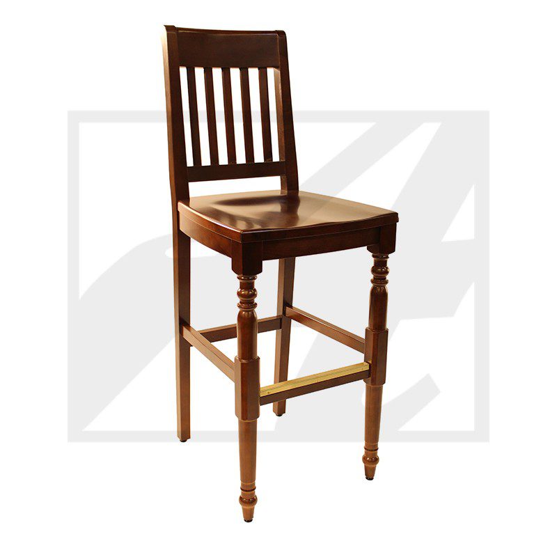 Classic wooden bar stool with a slatted backrest and turned legs.