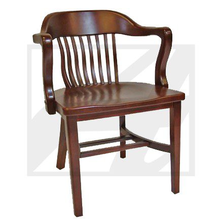 Classic wooden chair with armrests and vertical slats on the backrest.