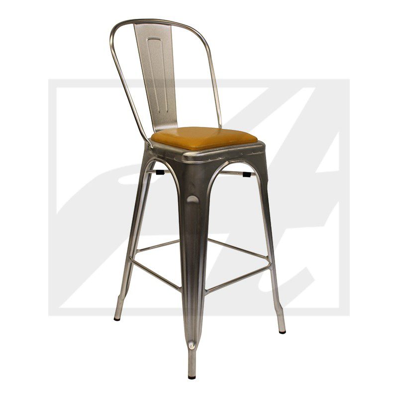 Industrial metal bar stool with a wooden seat and backrest.