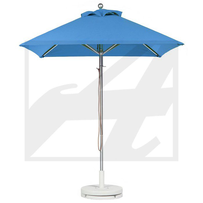 Blue outdoor patio umbrella with a white base.