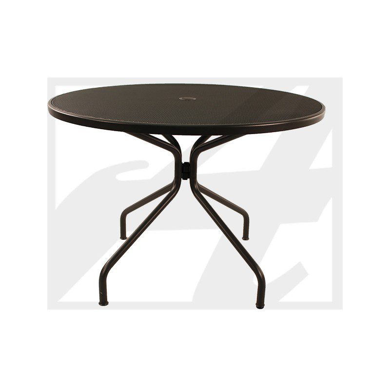 Round black metal table with sleek modern legs.