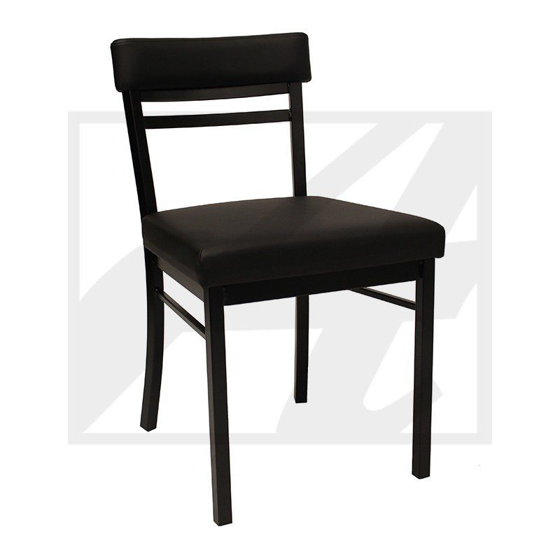 Black wooden chair with cushioned seat and backrest.