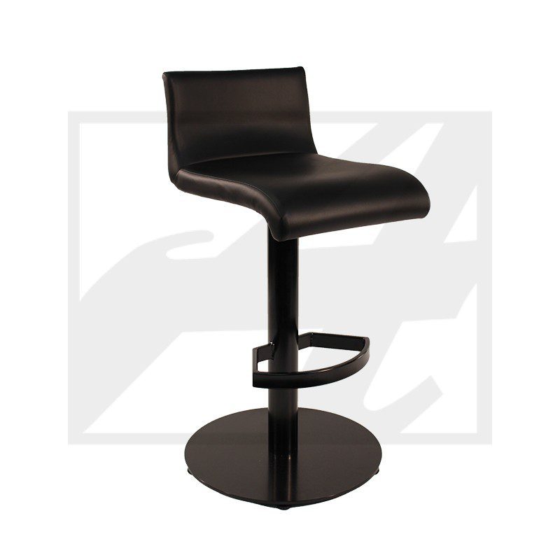 Modern black bar stool with a curved seat and footrest.