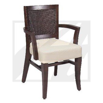 Wooden armchair with woven backrest and cushioned seat.