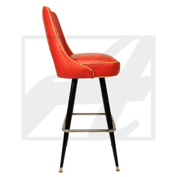 Red cushioned bar stool with black legs and gold accents.
