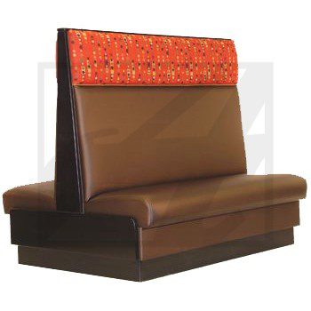 Brown restaurant booth with orange patterned backrest.
