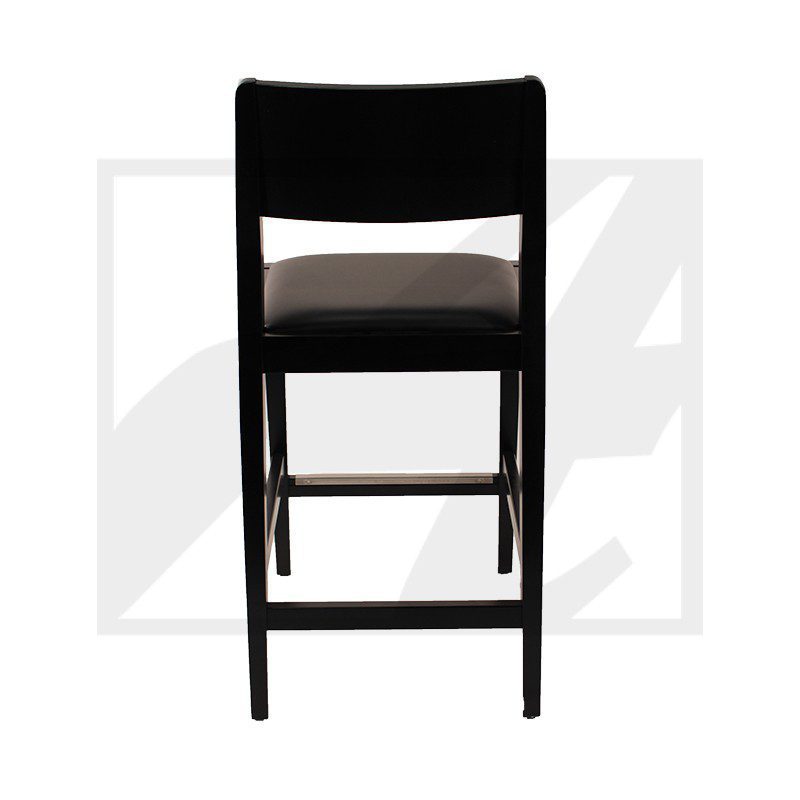Black folding chair with a cushioned seat, viewed from the back.