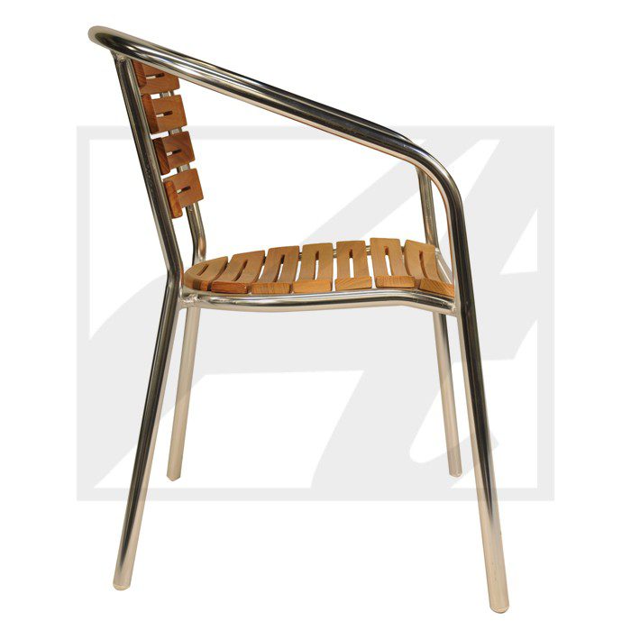 Modern chair with metal frame and wooden slats for seat and backrest.