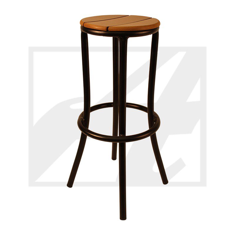 Tall wooden stool with round seat and metal legs.
