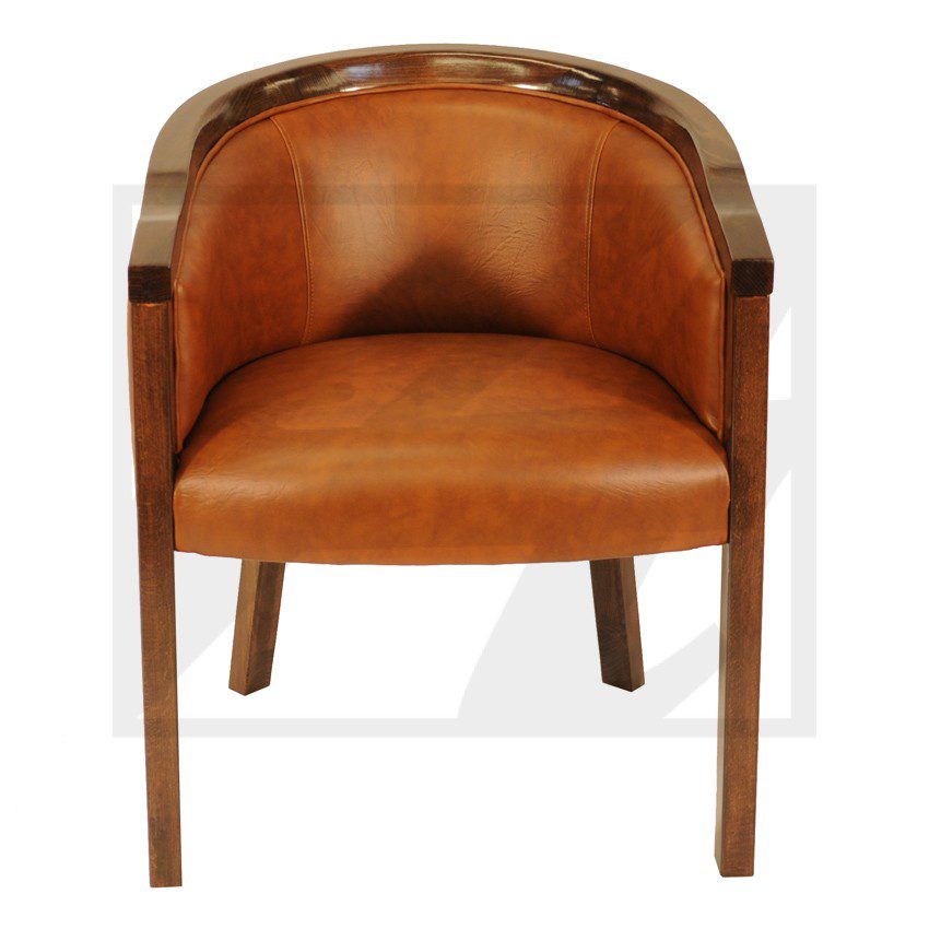 Brown leather armchair with wooden frame and legs.