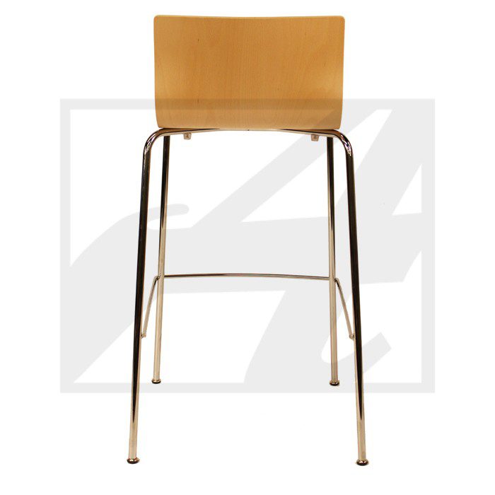 Simple wooden bar stool with metal legs.