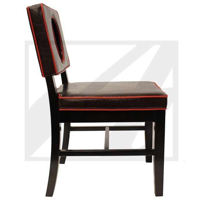 Side view of a classic wooden chair with cushioned seat and backrest.