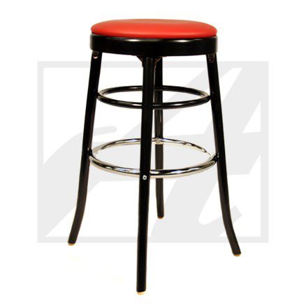 Black bar stool with a red cushioned seat and metal footrest.