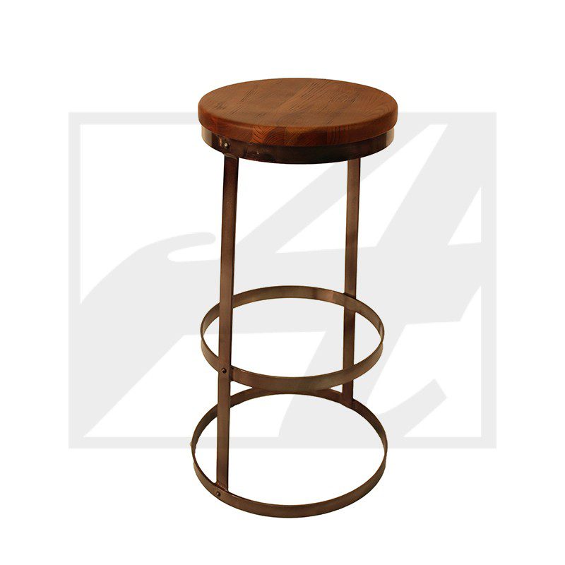 Modern bar stool with a round wooden seat and metal frame.