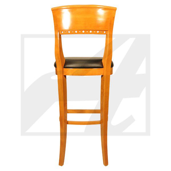 Wooden bar stool with a cushioned black seat and backrest.