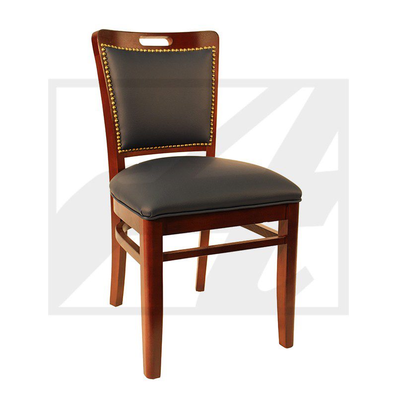 Classic wooden chair with black cushioned seat and backrest.