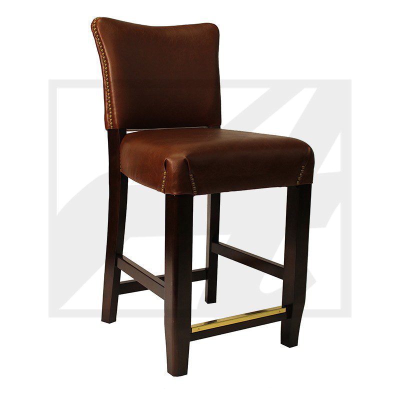 Brown leather bar stool with wooden legs and brass footrest.
