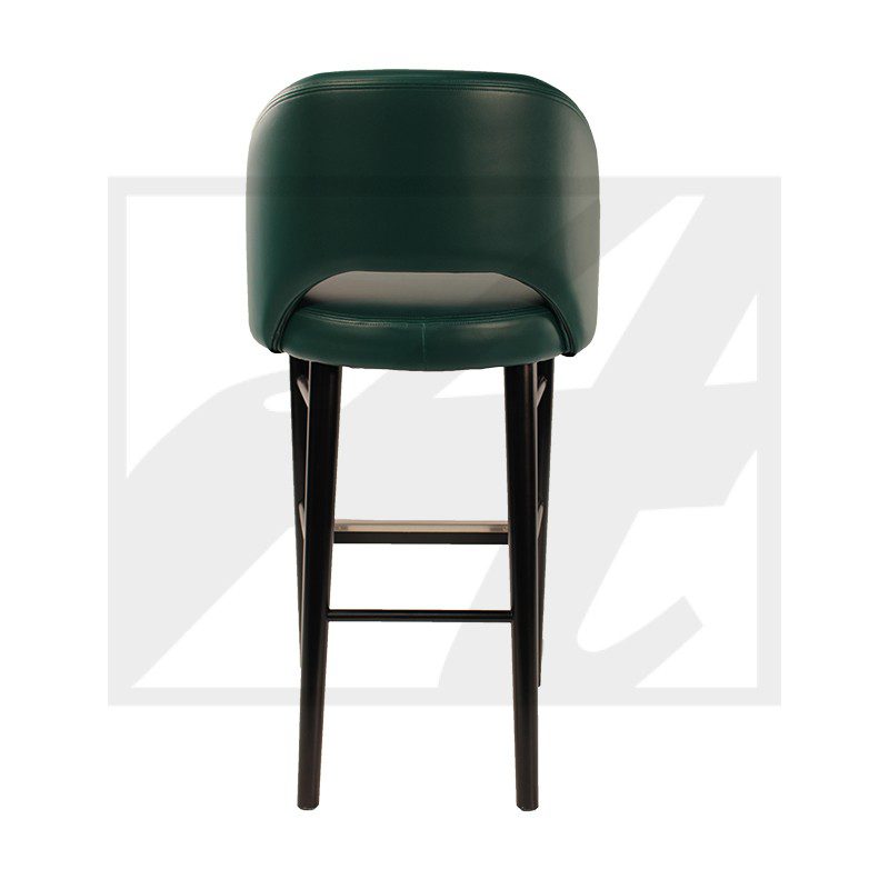 Modern green bar stool with cushioned seat and backrest.
