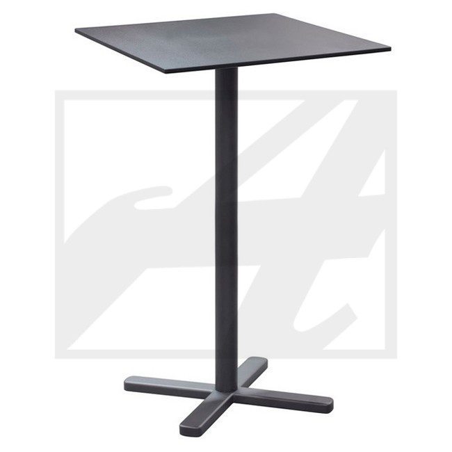 A simple black square table with a single central leg.