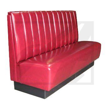 Red vinyl diner booth seating with vertical stripes.